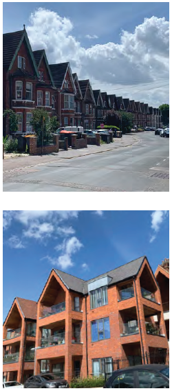 Top Image: Varied roof forms and gable-style ends are used to add variety to this development off Conduit Road and relate to the roof form of the existing street. Bottom Image: An image of a residential building with a gable-style roof. The apartments also have large balconies and windows on each storey. 