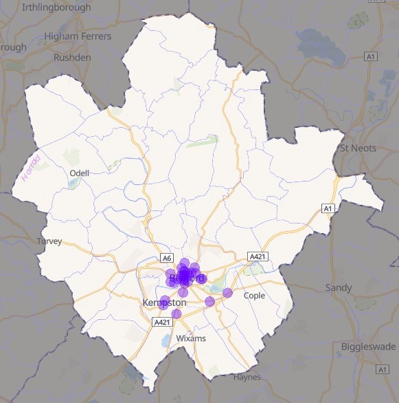 A map of the whole of Bedford Borough, showing current locations served by Council chargepoints. They are concentrated in the main urban area of Bedford and Kempston, with some large gaps in-between them and none in the large surrounding rural area.