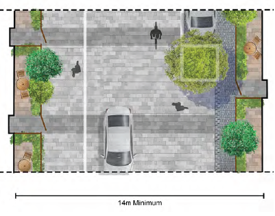 An aerial concept image of a 14-meter minimum street in the SPD are after the proposed development has been completed. Private balconies and terraces are shown either side of the street and pavement, with trees and plants. The terraces on the ground level have access to the street. 