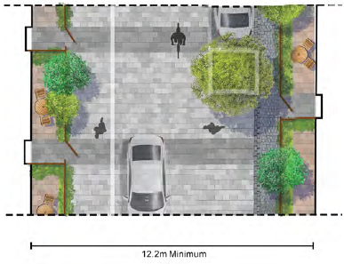 An aerial concept image of a 12.2-meter minimum street in the SPD are after the proposed development has been completed. Private balconies and terraces are shown either side of the street and pavement, with trees and plants. The terraces on the ground level have access to the street. 