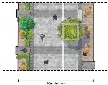An aerial concept image of a 10-meter minimum street in the SPD are after the proposed development has been completed. Private balconies and terraces are shown either side of the public walkway, with trees and plants. 