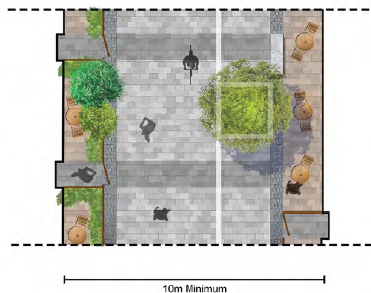 An aerial concept image of a 10-meter minimum street in the SPD are after the proposed development has been completed. Private balconies and terraces are shown either side of the public walkway, with trees and plants.