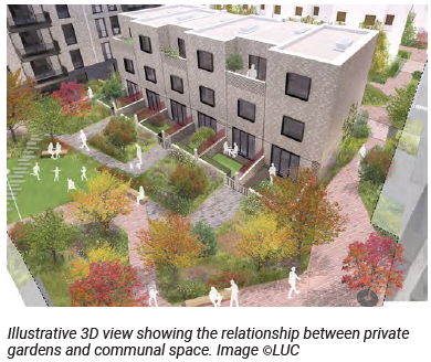 59	Bottom right image 	A concept image of the private gardens and communal green space available for residents in the residential blocks to use. The private gardens are directly accessible from a residential block and these are fenced off from the open communal green space. 