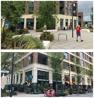 Top Image: An image of commercial frontages. A number of large floor-to-ceiling windows are visible on the lower storey to indicate a commercial space. Trees and plants are visible in the foreground outside the commercial space. Bottom Image: 62	Middle right image	An image of a high rise mixed use building, on the corner of a street intersection. A number of large floor-to-ceiling windows are visible on the lower storey to indicate a commercial space. 