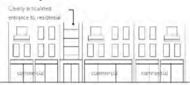 A concept drawing of the façade of a mixed use building. The commercial frontages have large wide windows and are distinctly different to the smaller entrance to the residential apartments above. There is also a change in the window pattern in the storeys above, which corresponds to the different frontage uses below. 