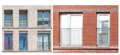 Left Image: An image showing a residential building with large floor-to-ceiling windows and glass doors on the upper storeys. Railings on the outside of the building allow for these to be opened while maintaining the safety of the residents.  Right Image: An image showing a residential building with large floor-to-ceiling windows and glass doors on the upper storeys. Railings on the outside of the building allow for these to be opened while maintaining the safety of the residents.