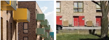 Left: An image of high rise residential buildings, made from bricks. There are several balconies painted in bright yellow, green and blue to contrast against the bricks.  Right: An image of a residential building made from bricks. The front doors are painted red to contrast against the bricks.