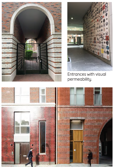 Left: An image of a brick archway, with a metal gate in the entranceway for security. Right: An image of an open sheltered entranceway without a secure gate. Artwork covers one wall and residential buildings can be seen in the background. Bottom: An image of large residential facades with large windows. 