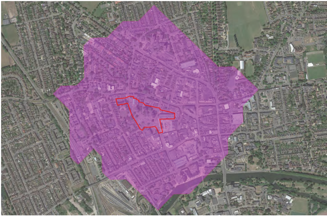 A satellite image of Bedford to the north of the river. The SPD area is outlined in red. Purple shading shows a key area of connectivity and gateway access to the SPD area, which extends just north of Tavistock Street to the north, past the High Street to the east and to the river in the south. The area extends to the train line in the west. 