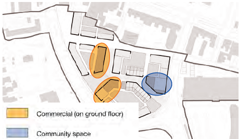 A map of the SPD area after the proposed development has been completed, depicting the land use strategy. Commercial ground floor building use is highlighted in yellow on some of the buildings in the area, and one area is indicated in blue as a community space.