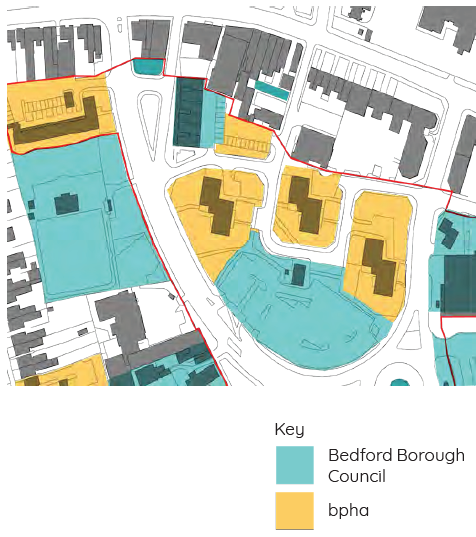 10	Top right corner image 	A map showing part of the SPD area, which is outlined in red. Areas are shaded in different colours to mark ownership by Bedford Borough Council (blue) or bpha (yellow). 