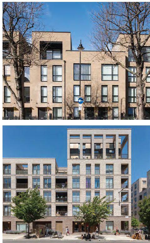 Top image: An image of a modern residential apartment building. Bottom image:  An image of a modern residential apartment building, with different heights included in the architecture.