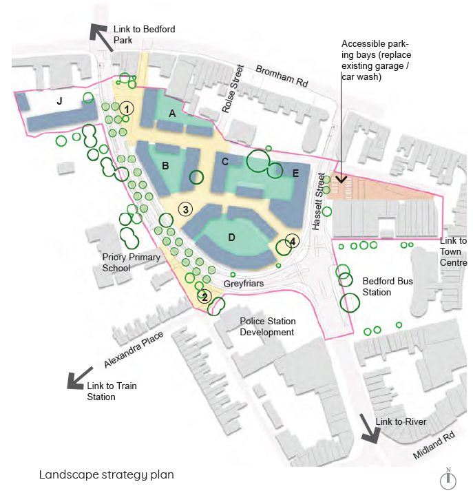 A map of the SPD area after the proposed development has been completed, depicting the landscape strategy plan. The SPD area is outlined in pink. The map shows a “green corridor” of trees along Greyfriars Road, accessible parking bays to the north of the Allhallows parking garage, new and improved public open spaces in four locations and private community courtyards within the body of each new residential blocks A, B, C & D.