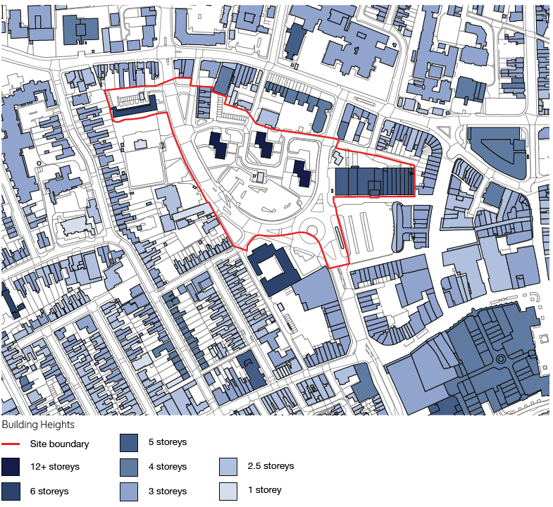 A map of the SPD area and surrounding area. The SPD area is outlined in red. The outlines of buildings are shown on the map, with different colours marking how many storeys each building has. Buildings are coded into the following categories, going from palest to darkest blue: 1 storey, 2.5 storeys, 3 storeys, 4 storeys, 5 storeys, 6 storeys and 12+ storeys. 