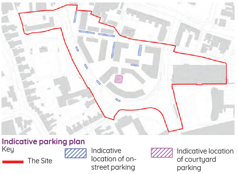 A map showing the parking plan for the area, with the entire site delineated by a red line. On-street parking is shown by blue diagonally striped rectangles, ten in total alongside buildings. Courtyard parking is shown by purple diagonally striped boxes, one of which is located in block D.