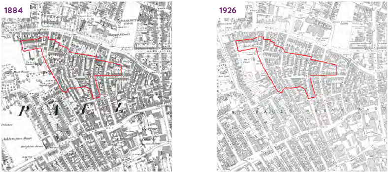 Left: A map of the SPD area and surrounding area. The SPD area is outlined in red. The map depicts the layout of the area in 1884, which was densely built-up with residential streets.  Right: A map of the SPD area and surrounding area. The SPD area is outlined in red. The map depicts the layout of the area in 1926, with a dense area of residential buildings and a network of roads.
