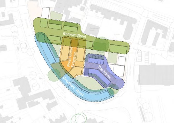 A map of part of the SPD area after the proposed development has been completed. Key character zones are identified through the use of different colours on the map. The zones are: Greyfriars Road in light blue in the south, The Mews in dark blue to the east, Roise Street Extension in orange in the centre and Beckett Street in green in the north of the area marked.
