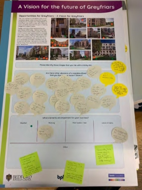 An image of a poster used in engagement sessions with the public. The poster contains images of the SPD area and comments written on post it notes